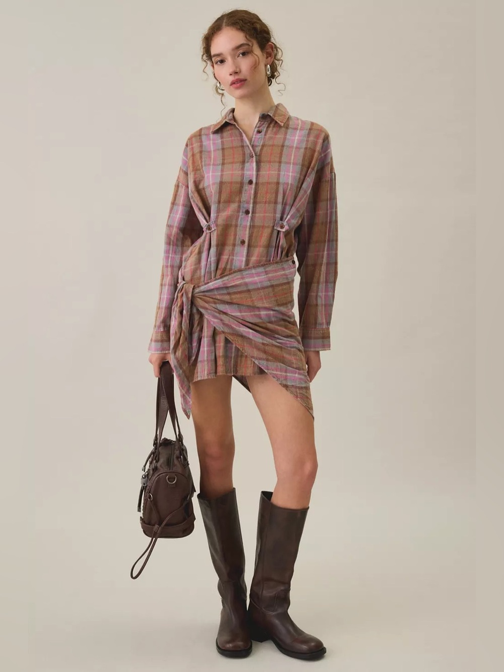 BDG Cordelia Multiway Scarf Tie Plaid Shirt Mini Dress